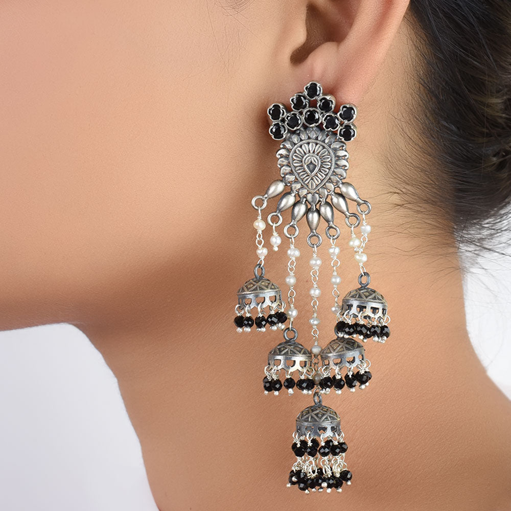 black onyx jhumki earrings in 925 sterling silver with handcrafted finish