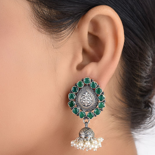 Green onyx jhumki earrings in oxidised 925 sterling silver