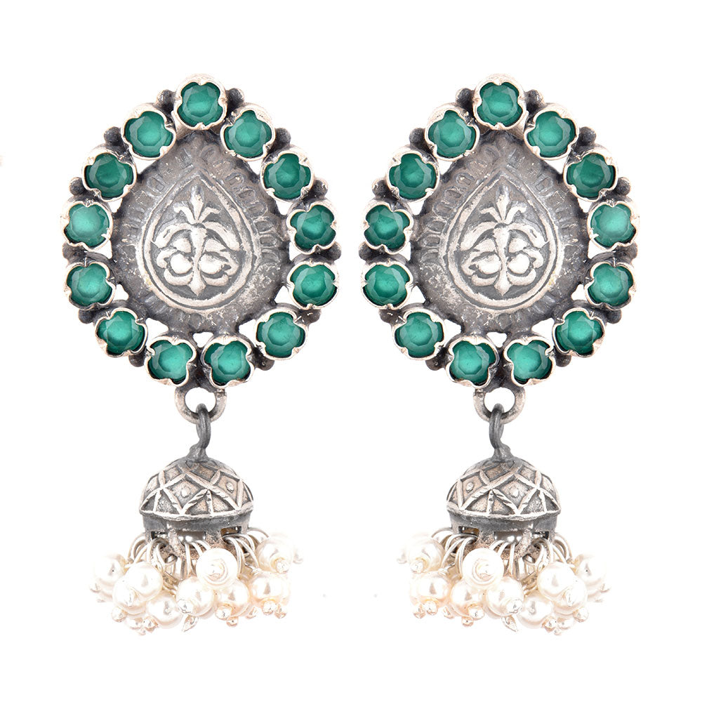 Oxidised silver jhumki earrings with green onyx stone detailing