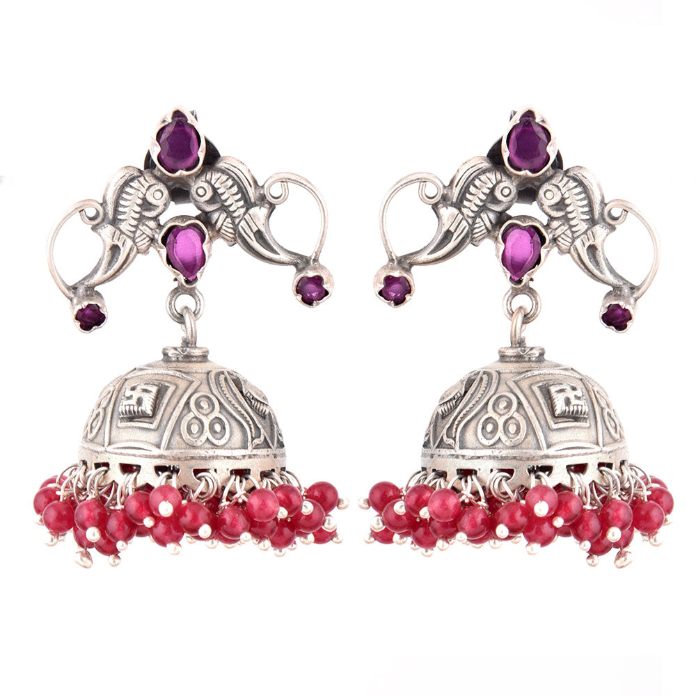Oxidised silver twin peacock jhumki earrings with pink tourmaline