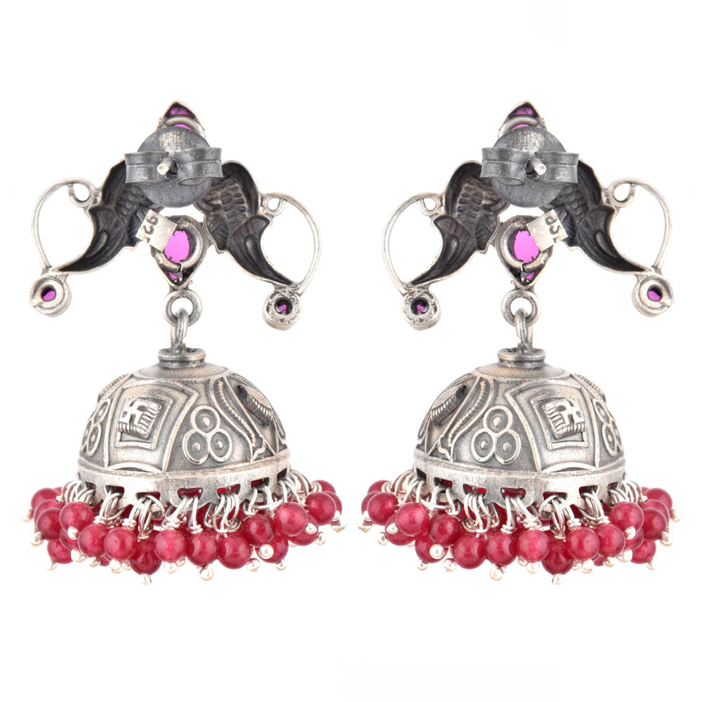 Traditional peacock motif jhumki earrings set with pink tourmaline