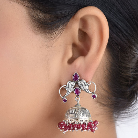 Pink tourmaline peacock jhumki earrings in oxidised 925 sterling silver