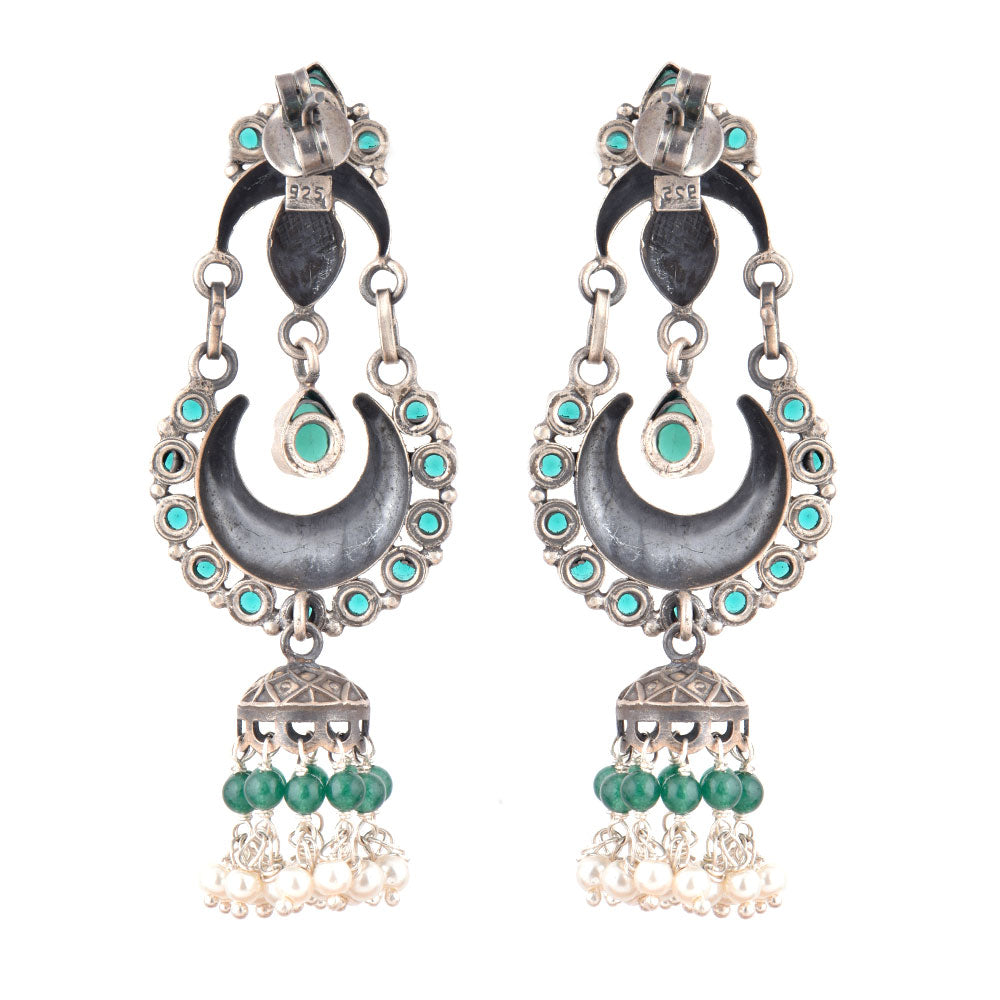 Traditional green onyx chandbali earrings crafted in sterling silver