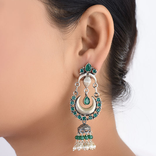 Green onyx chandbali jhumki earrings in 925 sterling silver