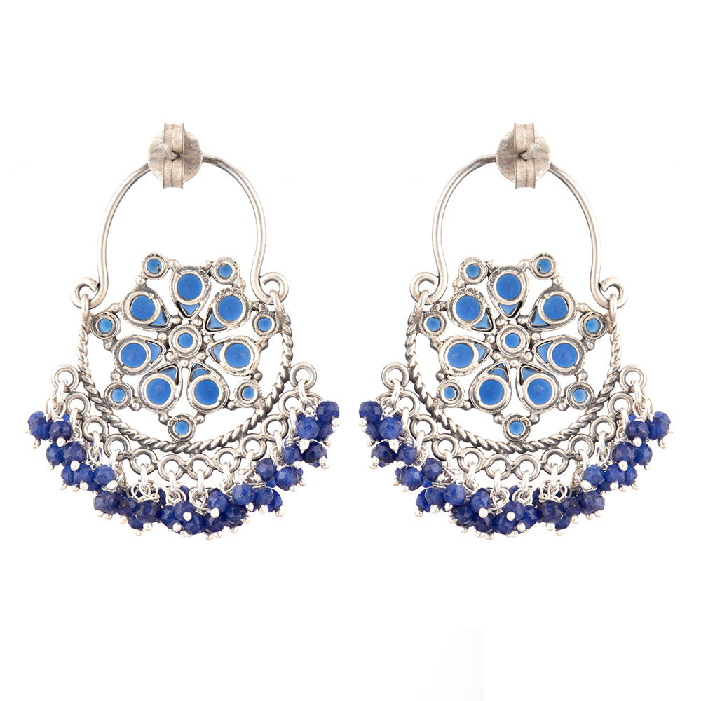 Handcrafted silver dangle earrings set with tanzanite stone