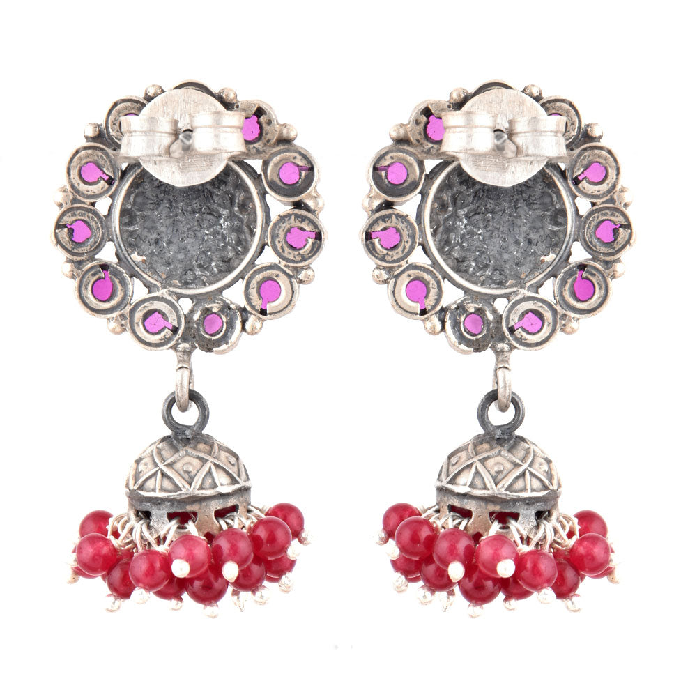 Handcrafted 925 silver earrings with surya design and pink tourmaline