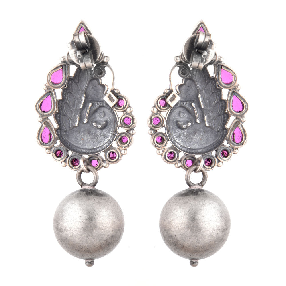 Handcrafted 925 silver peacock earrings set with natural pink tourmaline
