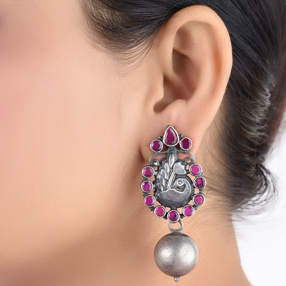 Pink tourmaline peacock stud earrings in 925 silver with handcrafted detailing