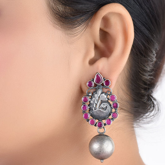 Pink tourmaline peacock stud earrings in 925 silver with handcrafted detailing
