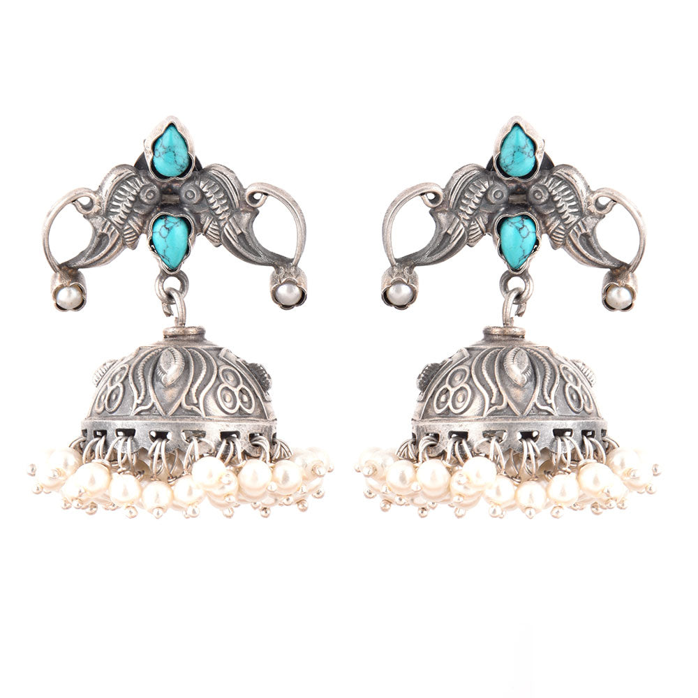 Morni turquoise peacock jhumka earrings handcrafted in oxidised silver