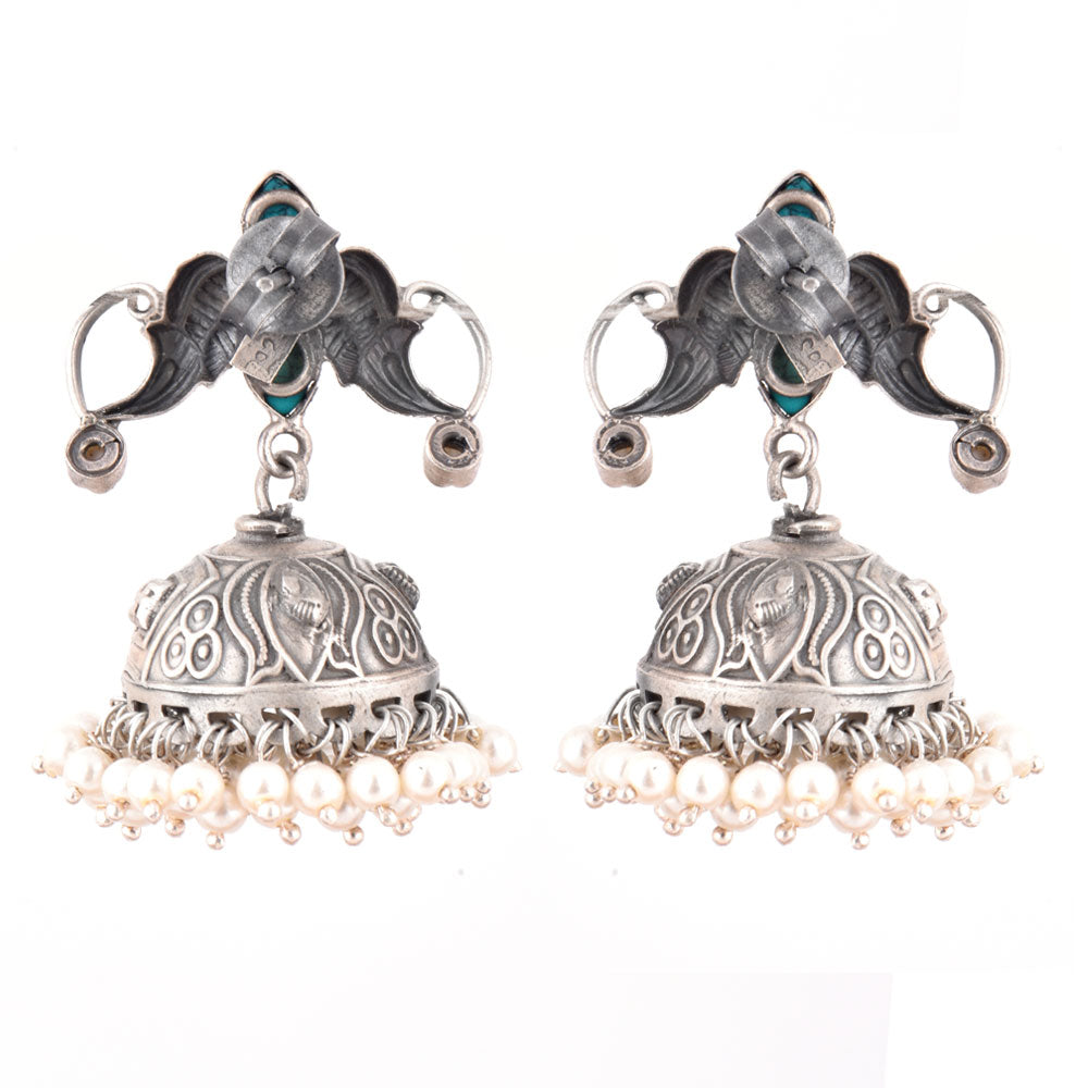 Handcrafted oxidised silver jhumki earrings with twin peacock motif and turquoise