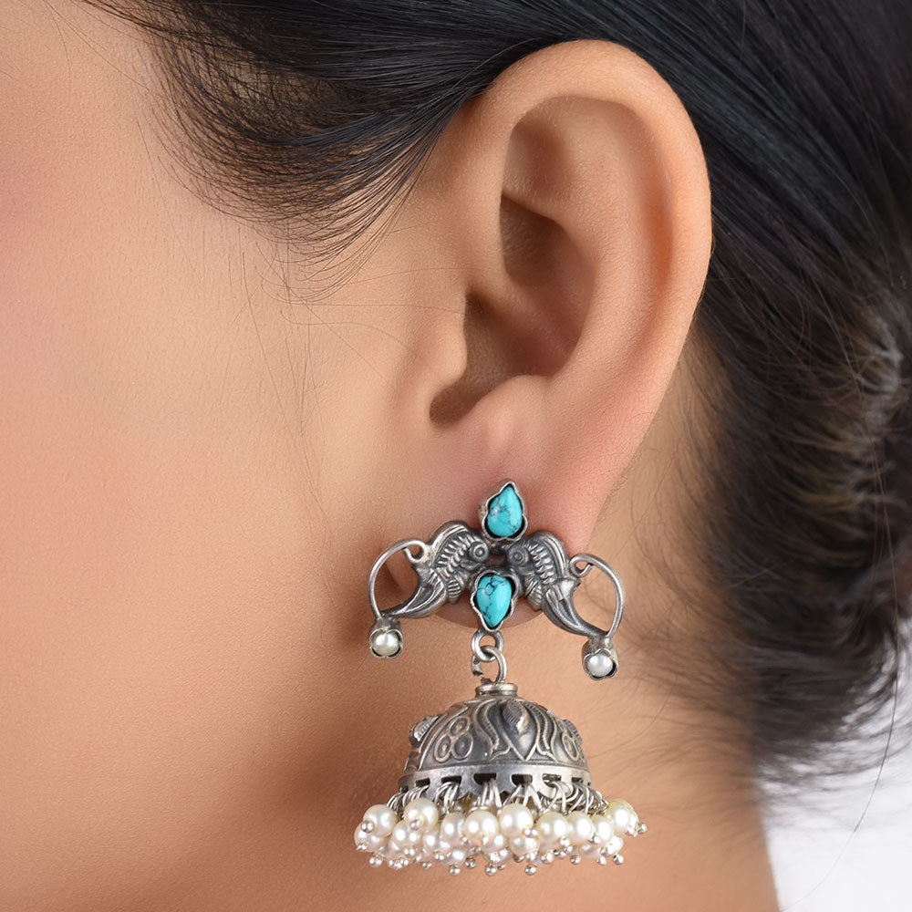 Turquoise twin peacock jhumki earrings in oxidised 925 silver