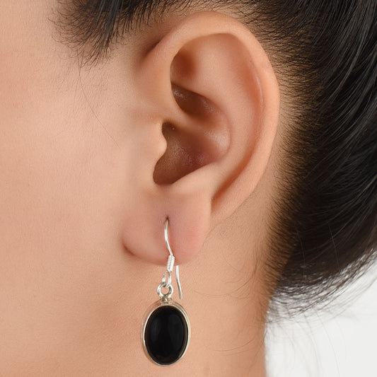 Overhead view of Noir Onyx earrings in 92.5 Sterling Silver