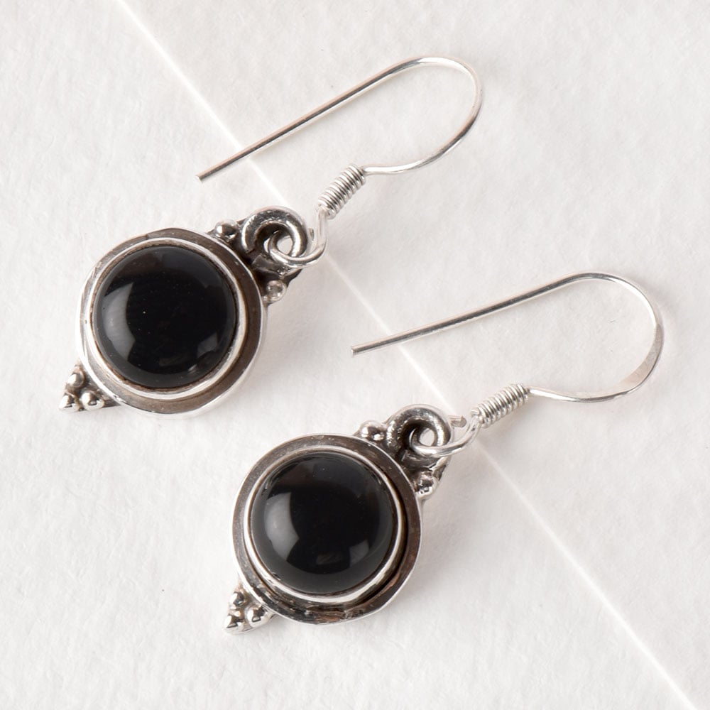 Overhead view of Noir Onyx earrings in 92.5 Sterling Silver
