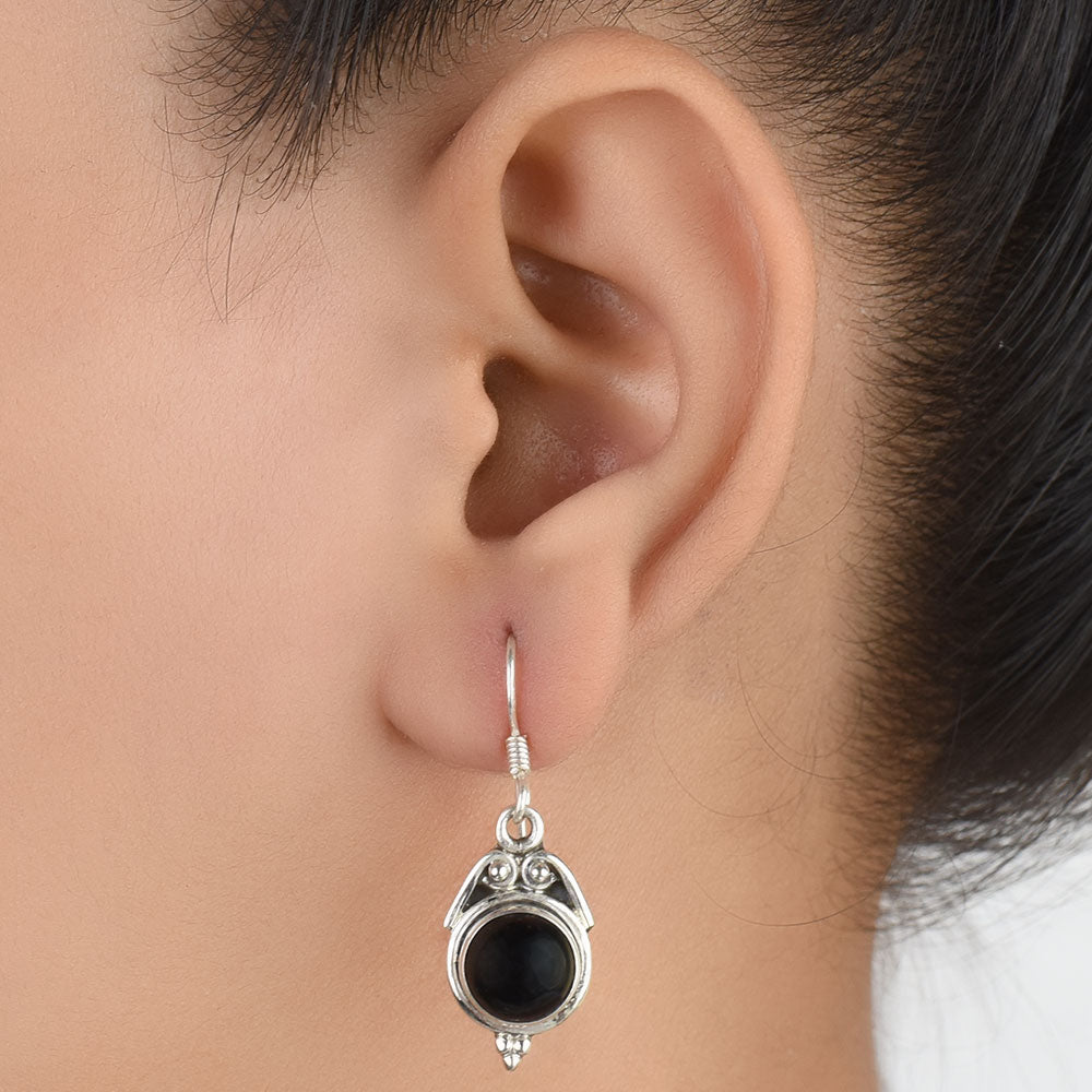 Black Onyx Round Drop Earrings handcrafted in 92.5 Sterling Silver with subtle Black Onyx details capturing quiet heritage