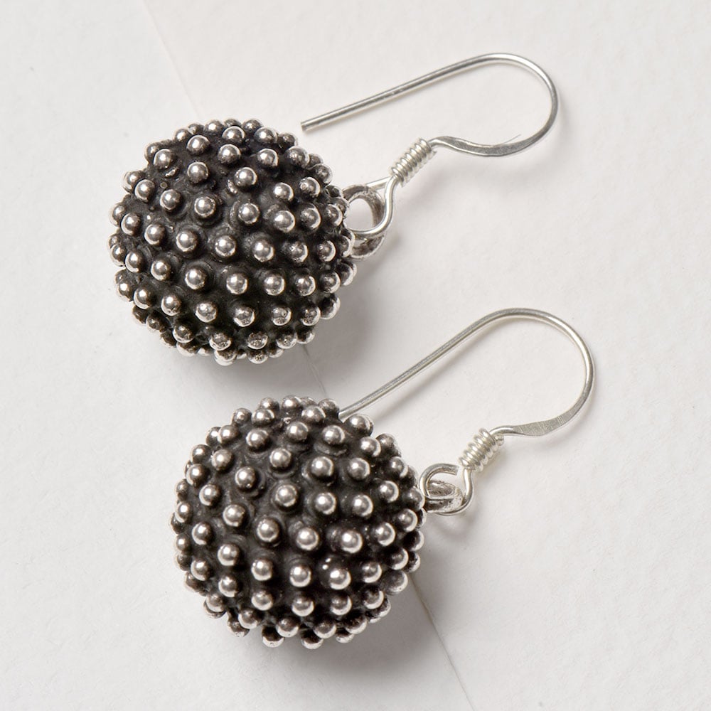 Closeup of Black Berry Fruit Drop Earrings showcasing the detailed drop motif and 92.5 Sterling Silver finish
