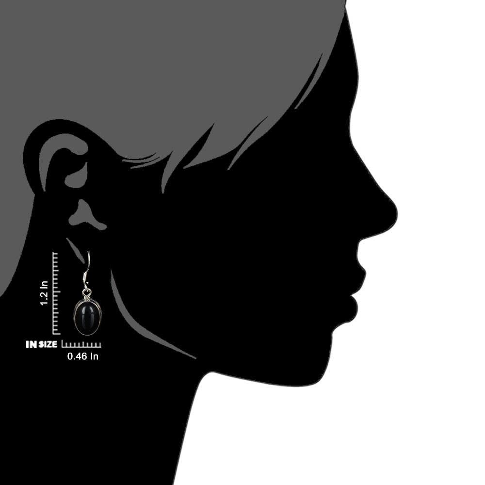 Side view of the artisan made Black Onyx Oval Drop Earrings revealing the texture and light play