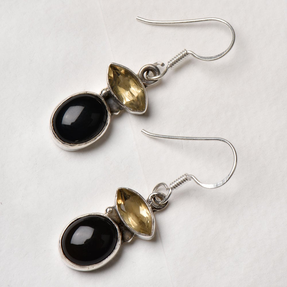 Closeup of Citrine & Onyx Round Dangle Earrings showcasing the detailed round motif and 92.5 Sterling Silver finish