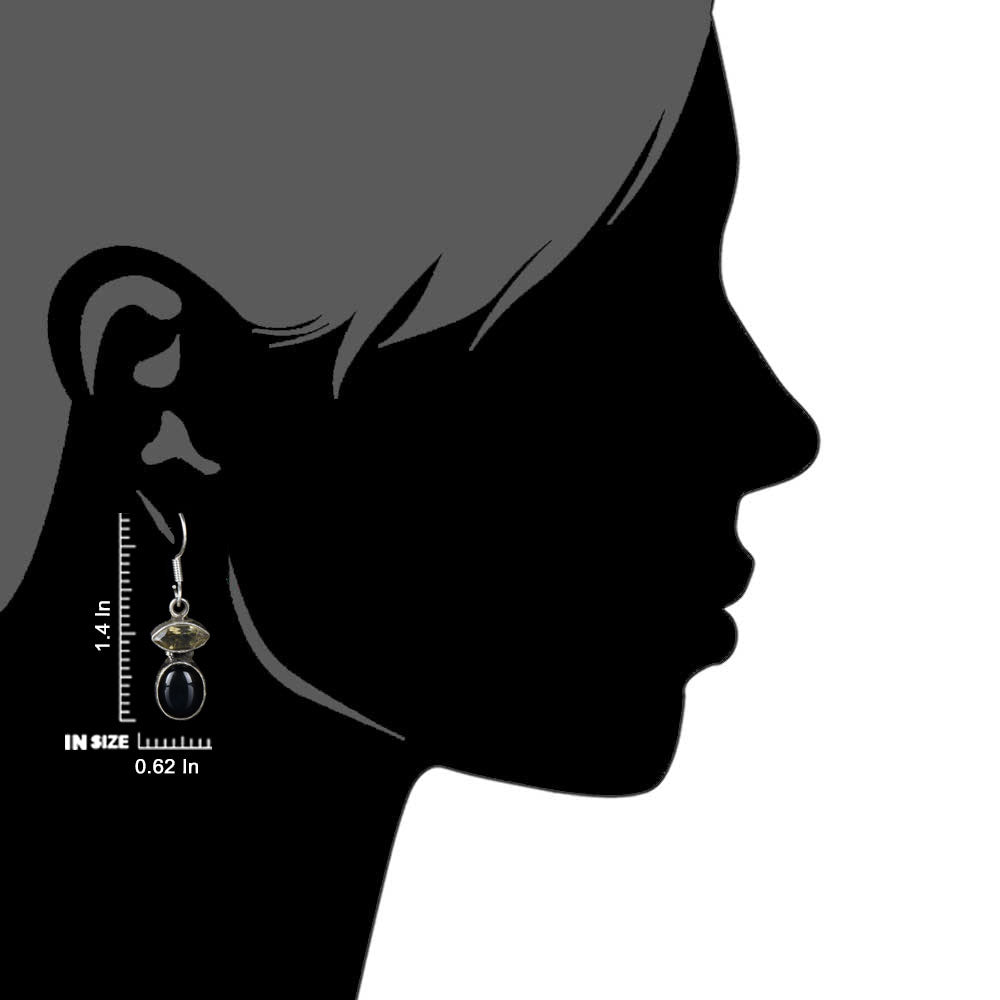 Intricate jaali like pattern on Citrine & Onyx Round Dangle Earrings evokes Rajasthani godna art in 92.5 Sterling Silver