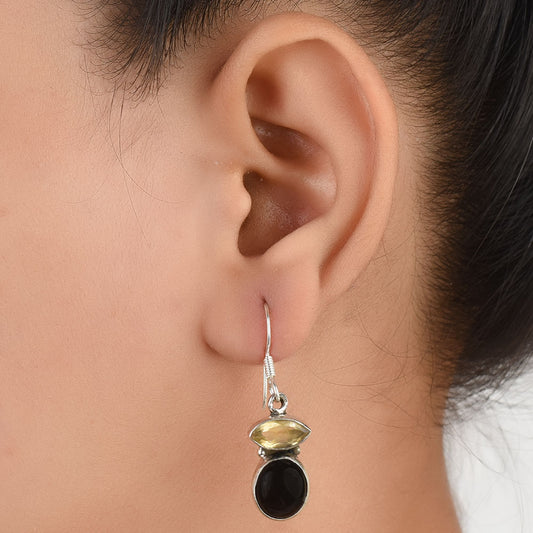 Citrine & Onyx Round Dangle Earrings handcrafted in 92.5 Sterling Silver with subtle Citrine & Onyx details capturing quiet heritage