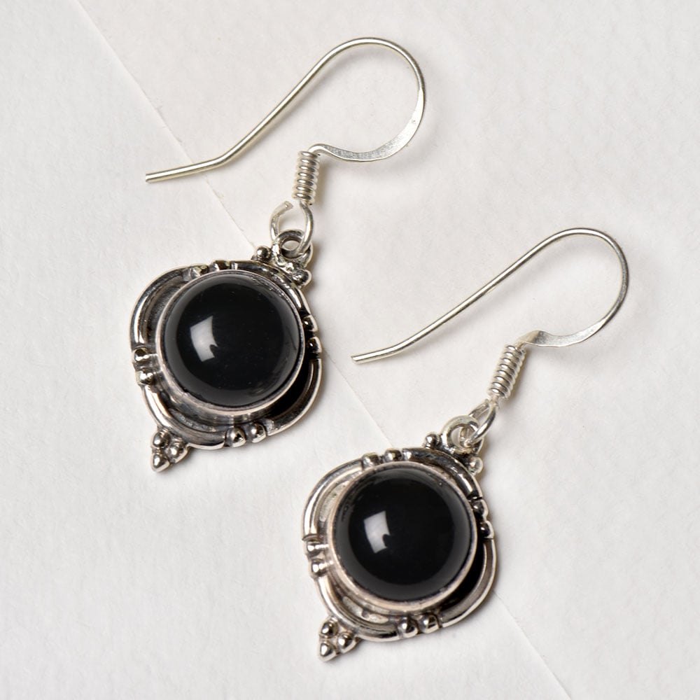 Closeup of Black Onyx Round Drop Earrings showcasing the detailed round motif and 92.5 Sterling Silver finish