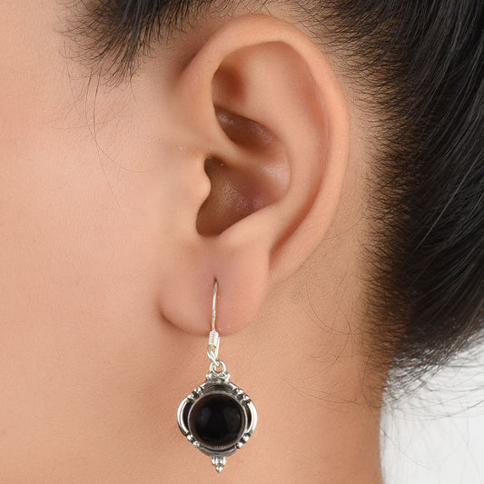 Black Onyx Round Drop Earrings handcrafted in 92.5 Sterling Silver with subtle Black Onyx details capturing quiet heritage