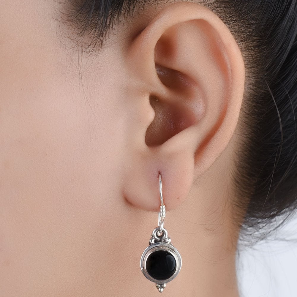 Black Onyx Round Drop Earrings handcrafted in 92.5 Sterling Silver with subtle Black Onyx details capturing quiet heritage