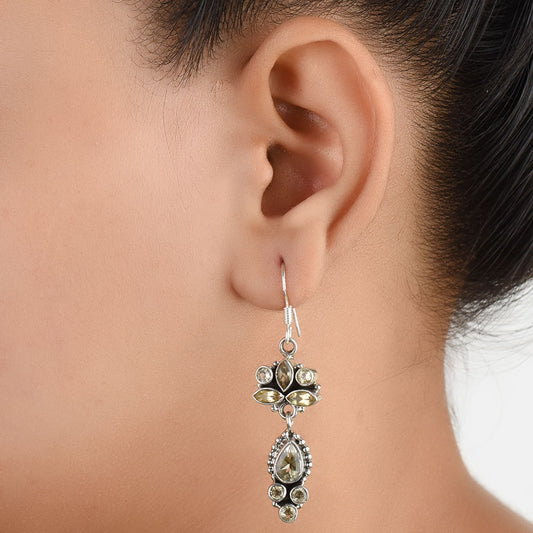 Front view of Citrine Leaf Dangle Earrings handcrafted in 92.5 Sterling Silver