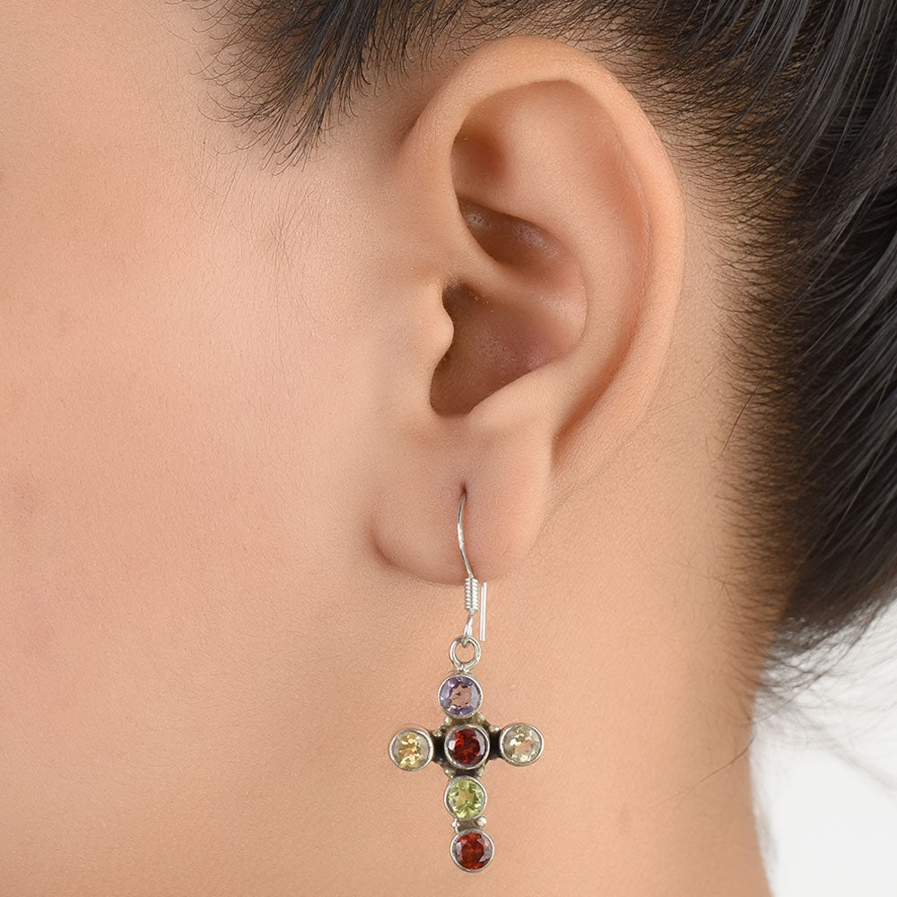 Front view of Multi Stone Holy Dangle Earrings handcrafted in 92.5 Sterling Silver