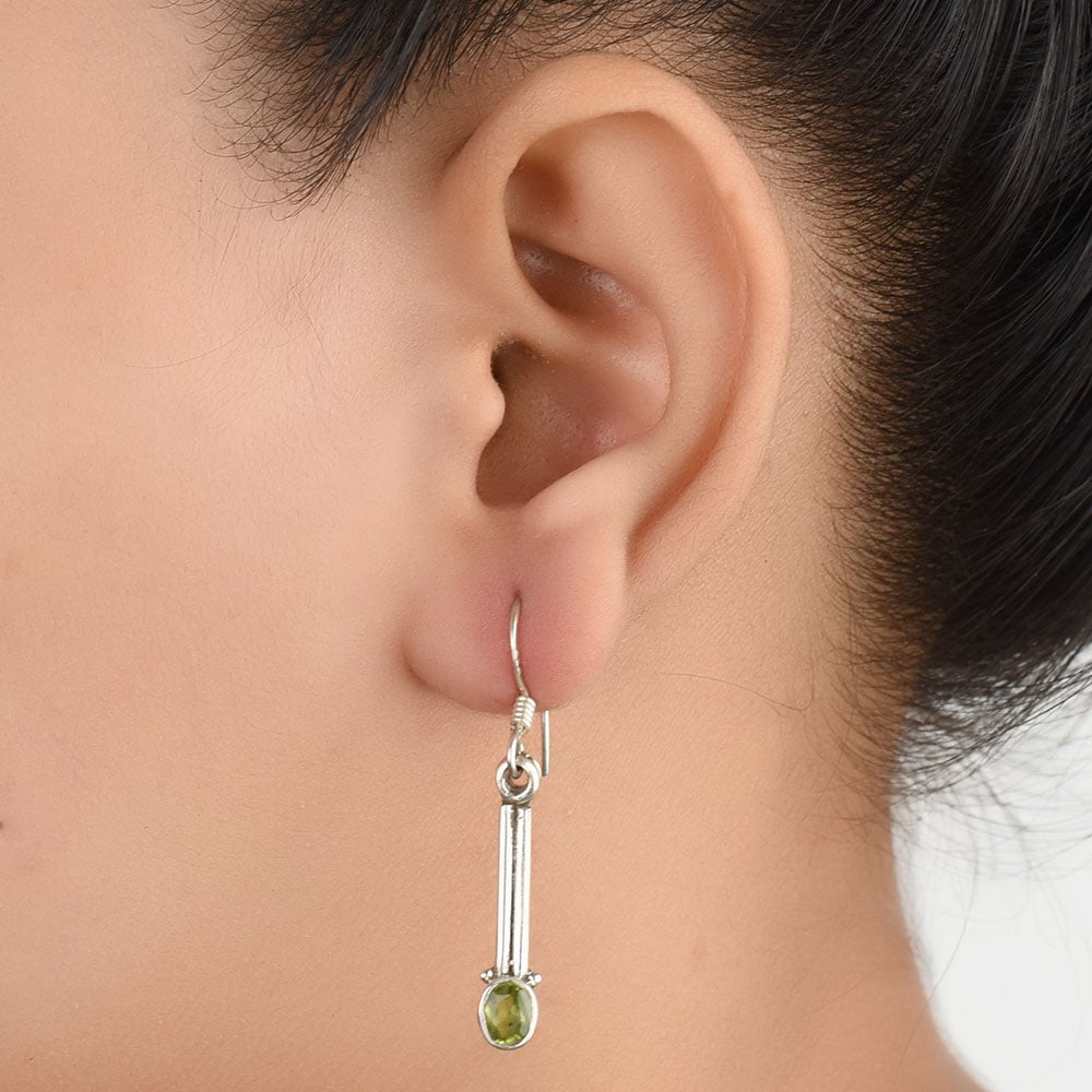 Detail of dangle of Hari Peridot earrings in 92.5 Sterling Silver