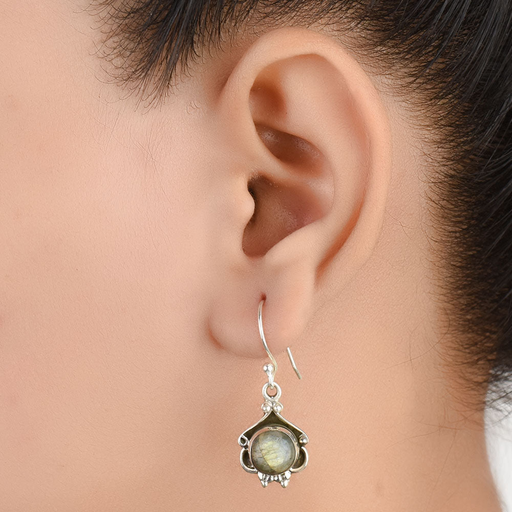 Front view of Moonchild Moonstone earrings in 92.5 Sterling Silver