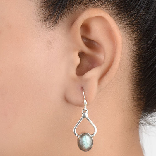 Close up of Moonchild Moonstone earrings in 92.5 Sterling Silver