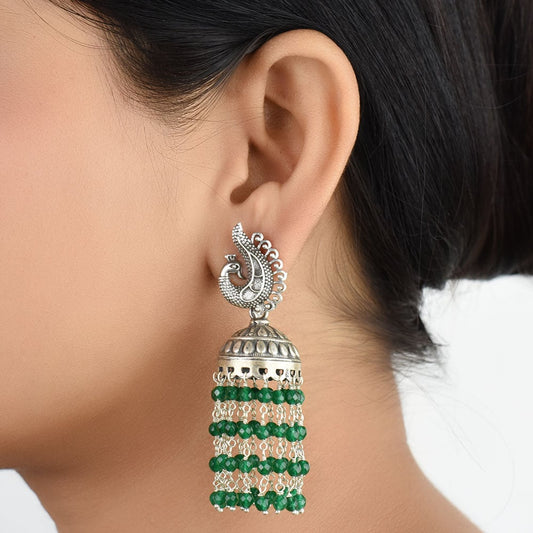 Front view of green onyx peacock jhumki earrings in 92.5 Sterling Silver