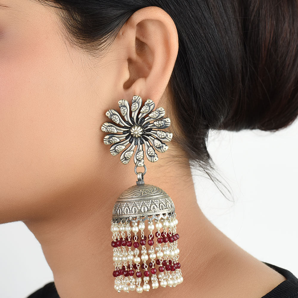 Front view of onyx peacock jhumki earrings in 92.5 Sterling Silver