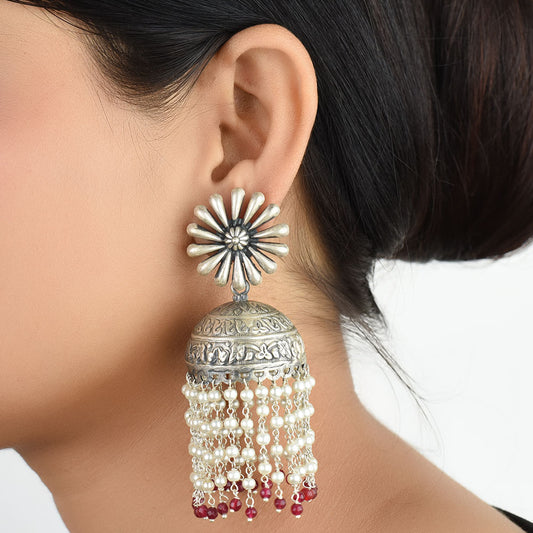 Front view of onyx jhumki earrings in 92.5 Sterling Silver