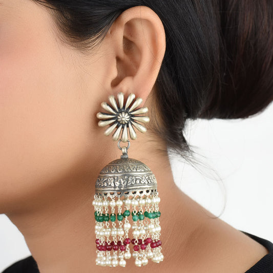 Front view of green onyx floral jhumki earrings in 92.5 Sterling Silver