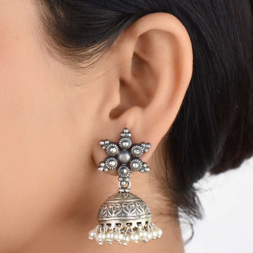 Front view of floral jhumki earrings in 92.5 Sterling Silver