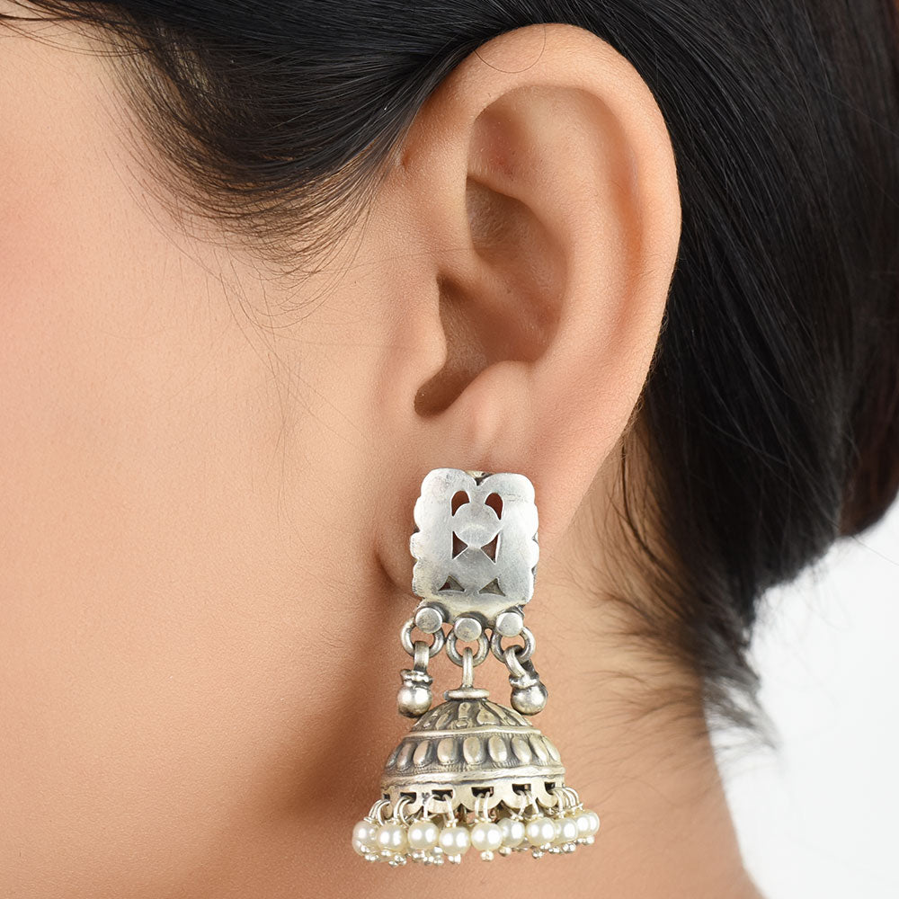 Front view of geometric engraved jhumkis jhumki earrings in 92.5 Sterling Silver