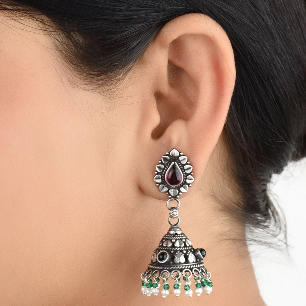 Front view of Amethyst & Green Onyx earrings in 92.5 Sterling Silver