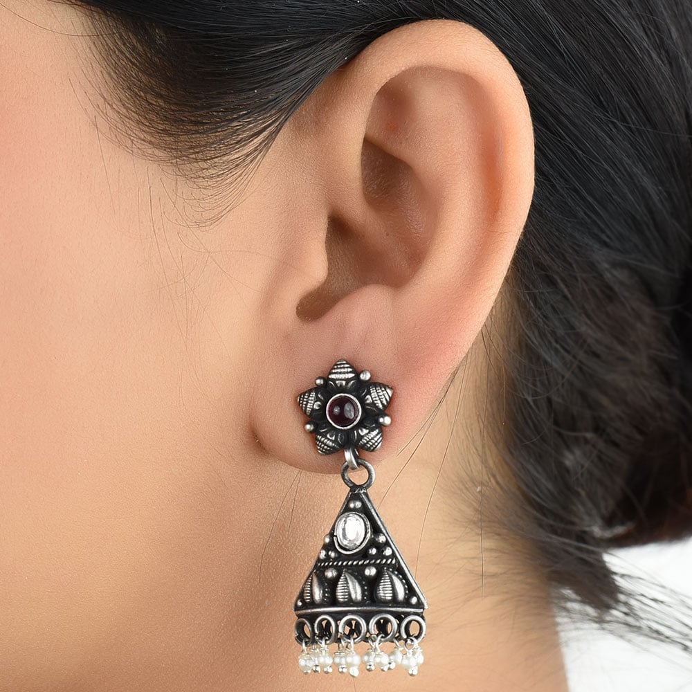 Front view of Green Onyx & Amethyst Floral earrings in 92.5 Sterling Silver