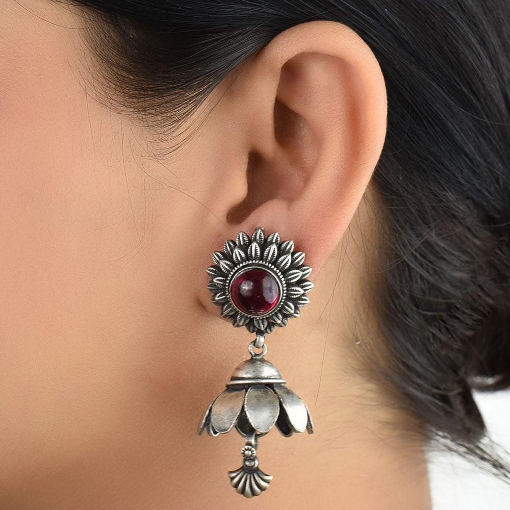 Front view of Amethyst Lotus earrings in 92.5 Sterling Silver