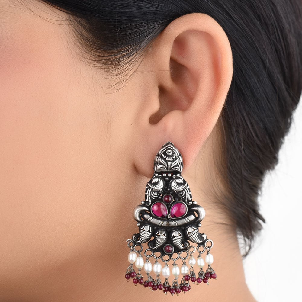 Front view of Pearl & Agate Peacock earrings in 92.5 Sterling Silver