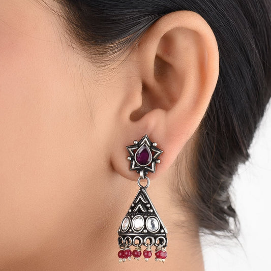 Front view of Amethyst & Garnet earrings in 92.5 Sterling Silver
