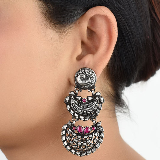 Front view of Sapphire Peacock earrings in 92.5 Sterling Silver