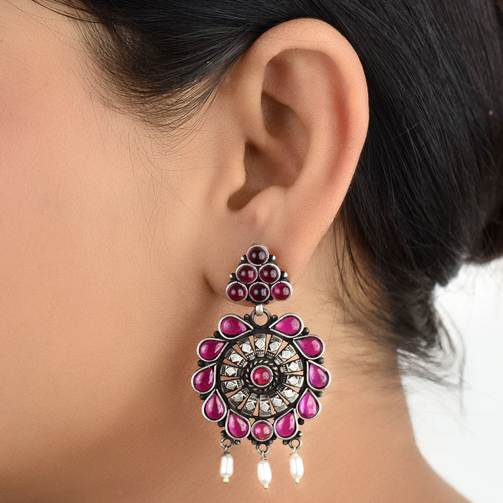 Front view of floral sapphire & pearl floral stud earrings in 92.5 Sterling Silver