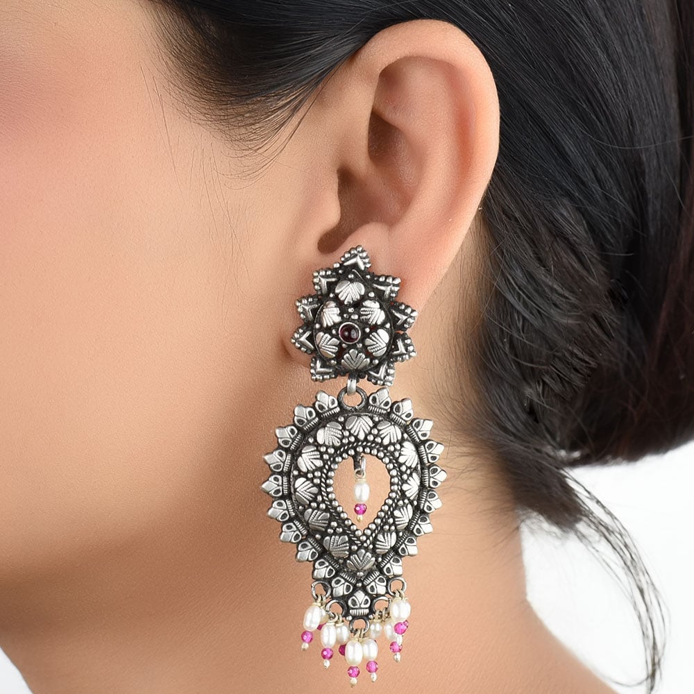 Front view of floral sapphire & pearl floral dangle earrings in 92.5 Sterling Silver