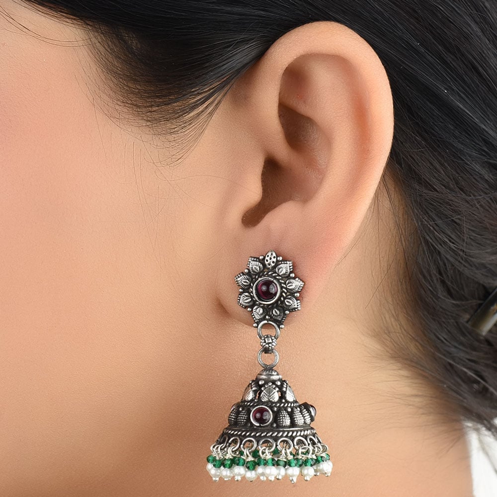 Front view of floral amethyst & onyx floral jhumki earrings in 92.5 Sterling Silver