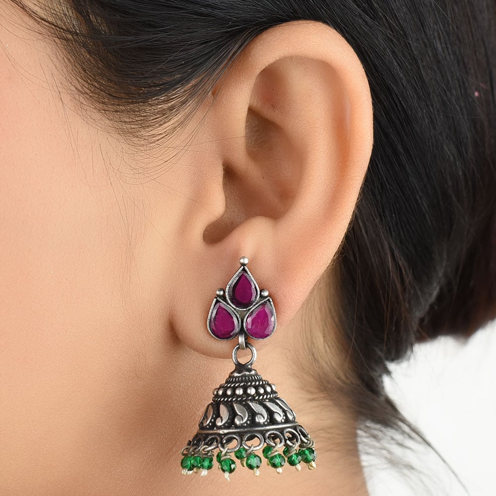 Front view of motif amethyst & onyx jhumki earrings in 92.5 Sterling Silver