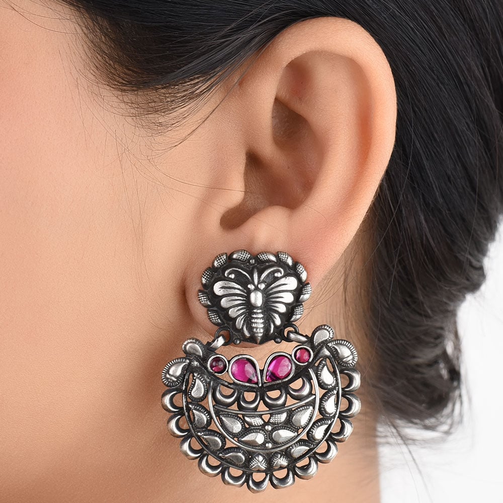 Front view of engraved and chandbali and crescent and butterfly jade chandbali chandbali earrings in 92.5 Sterling Silver