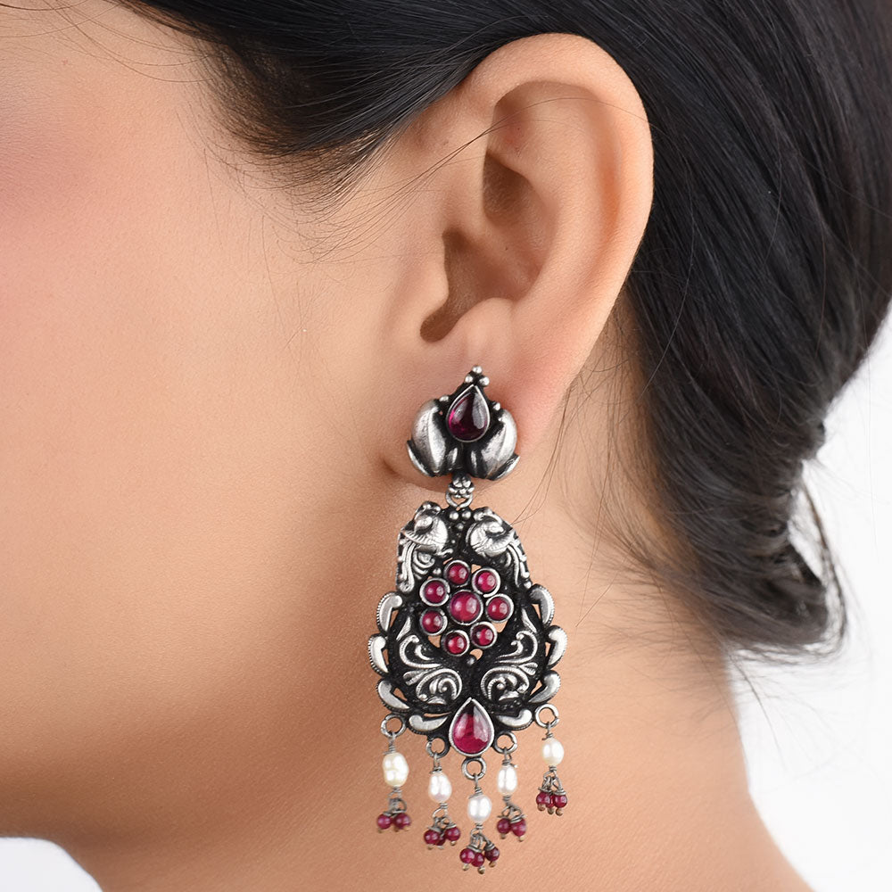 Front view of peacock dangle earrings in 92.5 Sterling Silver